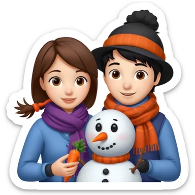 Cartoon girl with brown hair and scarf, building a snowman. Cartoon boy with black hair, placing a carrot nose on the snowman, smiling sticker