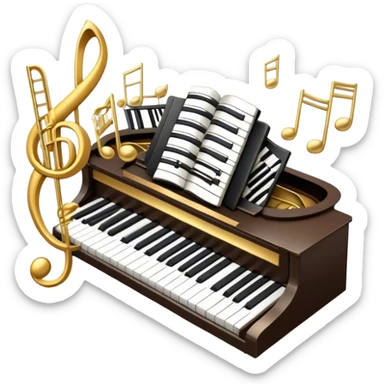 Create a sophisticated and celebratory emoji collage representing keyboard instruments, designed in the style of a coat of arms or crest. The design should feature surrounded by a ribbon of musical notes. The ribbon should intertwine with a second ribbon made of black-and-white piano keys, creating a flowing, symmetrical pattern.  The musical notes should be swirling around the design in a harmonious, festive arrangement. Use gold, silver, and rich wood tones to evoke a sense of luxury and professionalism, with the black-and-white keys of the piano adding contrast. The background should remain transparent sticker