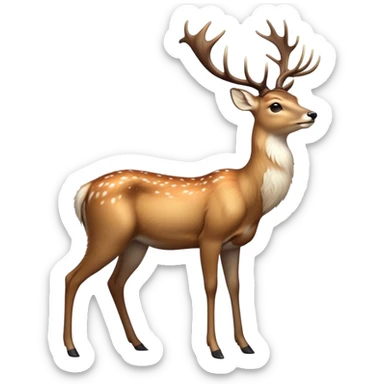 cinematic-noble [deer]-realistic-full-body-standing on all fours-emoji,-tail-tucked-close,-head-tilted-dramatically,-sleek-[fawn]-fur,-simplified-yet-realistic-focused-features,-highly-detailed,-glowing-with-an-almost-sarcastic-glow big antlers sticker