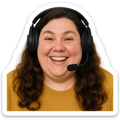 chubby English teacher with wavy long brown hair, happy face, gamer vibe, for online classes, only face sticker