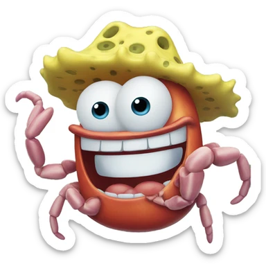 Generate smiling SpongeBob wearing krusty crab hat emoji  sticker