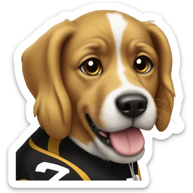 dog wearing a black and gold steelers jersey sticker
