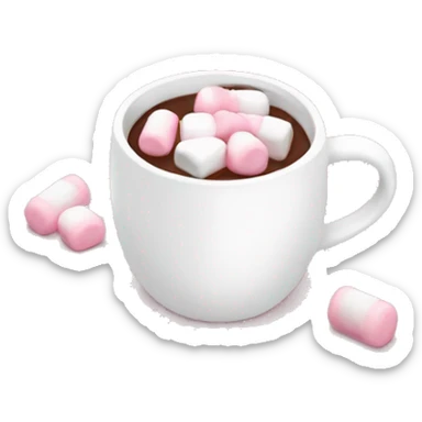 White mug with a pink bow handle filled with hot chocolate and baby pink and white marshmallows sticker