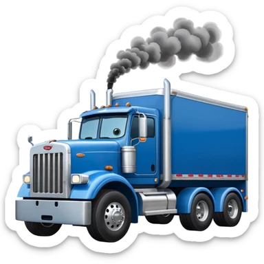 blue Peterbilt truck hauling a trailer, with smoke from exhaust, emoji style sticker
