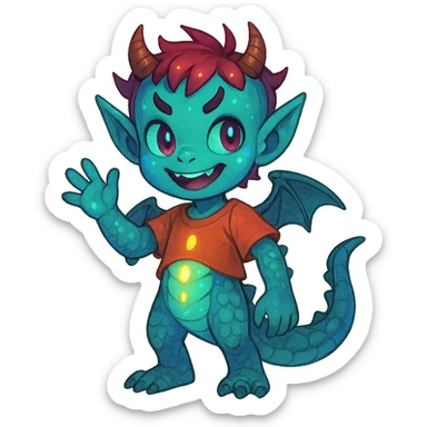 playful youthful child character blending 60% dragon features (scales, small wings, tail), 20% demon traits (horns, mischievous eyes), and 20% alien elements (unusual skin color, glowing accents) sticker