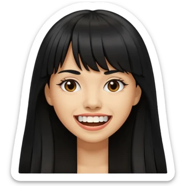 Woman a little tan with long black hairs and bangs, appearing teeth sticker