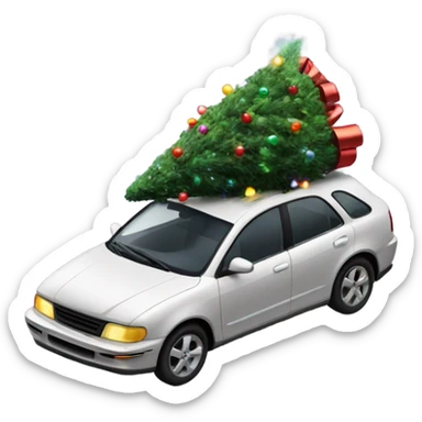 A car with a christmas tree with lights in it on top of the roof sticker