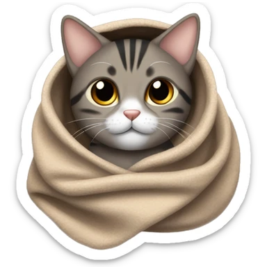 brown, gray and black tabby cat wrapped up in a blanket looking very cute  sticker