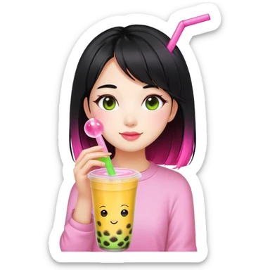 girl with black hair and half neon pink half neon green roots enjoying mango bubble tea  sticker
