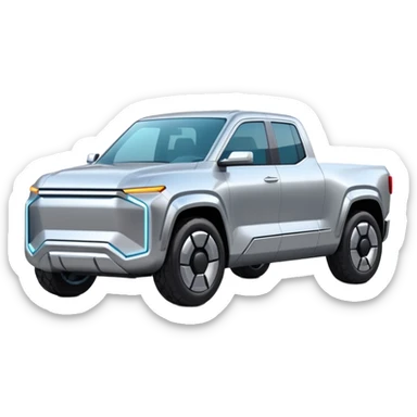 A futuristic electric pickup truck emoji, silver chrome body, angular cyber design, smooth metallic panels, subtle reflections, minimalistic proportions, iOS emoji style, centered composition, clean white background, soft lighting sticker