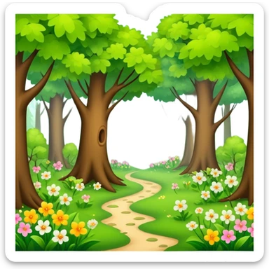 spring season in a forest with trees having fresh green leaves and blooming flowers, bright and cheerful sticker