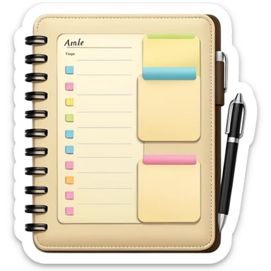 daily planner agenda cream leather with open page and pen with stickynotes sticker