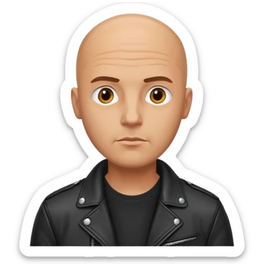 A serious bald man in a leather jacket sticker