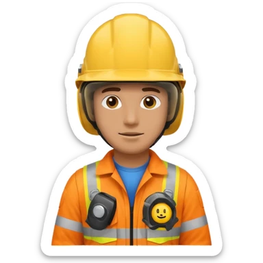 a guy wearing safety outfit with helmet standing , around him safety gears emojis  sticker