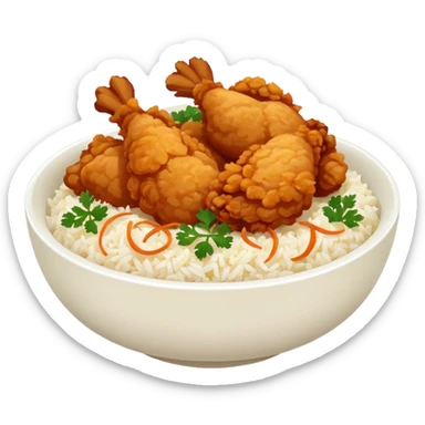 iOS-style food emoji, flat design: round bowl with white rice base, topped with crispy fried chicken pieces, fried onion bits, sweet-and-sour sauce and white sauce zigzag drizzles, finished with parsley flakes, clean shapes, transparent background. sticker