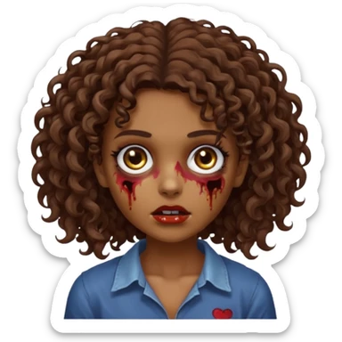 Faça uma garota zombie de cabelo cacheado castanho, olhos castanhos escuro e pele parda sticker