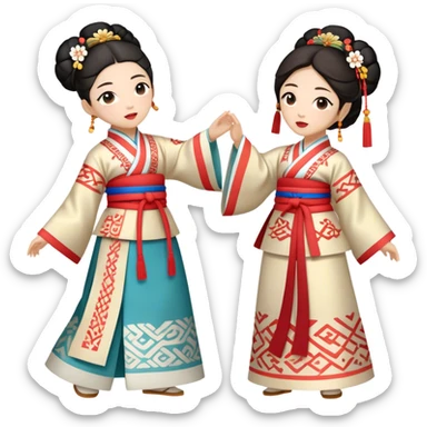 Cinematic Realistic scene of two performers engaging in Ganggangsullae, dressed in traditional Korean costumes with intricate patterns and graceful movements, illuminated by soft, festive lighting that accentuates the cultural ambiance sticker