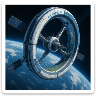 Elysium space station, viewed from space, detailed ring habitat, blue and white color scheme, high-tech look sticker