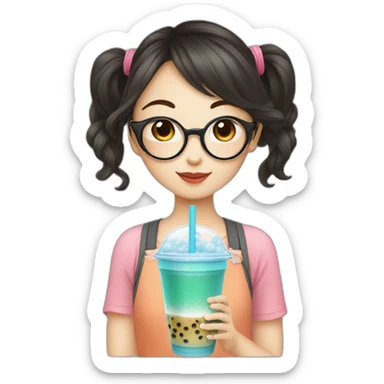 Asian girl with glasses drinking bubble tea sticker