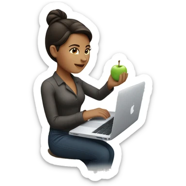 Brunette working on MacBook with Apple logo sticker