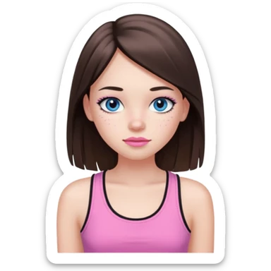 Create a teenage girl with long and straight brunette hair, light skin, light freckles, and blue-grey eyes. She will have pink lips and long black eyelashes. She will be wearing a pink tank top. sticker