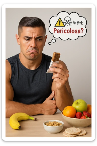 un uomo in abbigliamento sportivo tiene in mano una barretta proteica, osservandola con un’espressione scettica e preoccupata. Sopra la barretta, una nuvoletta di pensiero mostra simboli di allarme, ingredienti chimici e la scritta “Pericolosa?” in rosso. Sullo sfondo, frutta fresca e altri snack naturali sono visibili sul tavolo, sottolineando la sua preferenza per alternative più sane. sticker