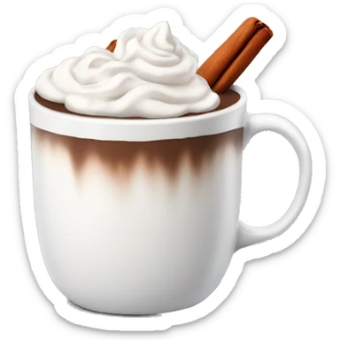 white mug of hot chocolate with whipped cream and cinnamon sticker