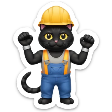 black cat with huge muscles as a construction worker  sticker