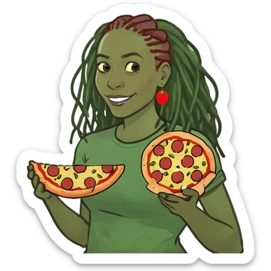 African-American woman with dreadlocks holding a precious slice of pepperoni pizza ￼ sticker