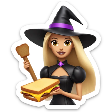 Barbie as a witch with a grilled cheese sandwich in one hand and a scepter in the other sticker