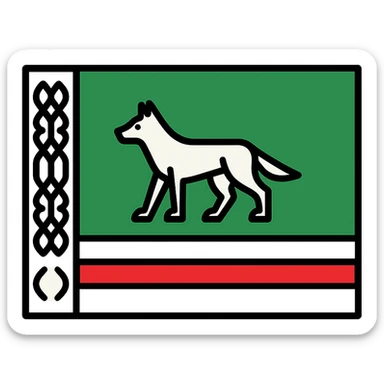 Chechen flag with green field, white and red stripes at the bottom, white patterned stripe on the left, prominent wolf symbol in the center, minimalistic style sticker