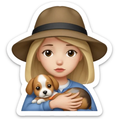 sad girl with a hat and a sad dog in her arms
 sticker
