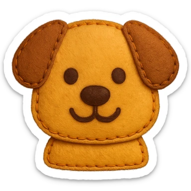 <StylePrompt>
  <Name>Felt Appliqué Plush Style</Name>
  <Description>A soft, handcrafted look inspired by plush felt fabric with visible stitching and a padded 3D texture, rendered on a solid black background.</Description>
  <VisualProperties>
    <Material>Felt</Material>
    <Texture>Soft, fuzzy, with slight fiber detail</Texture>
    <Stitching>
      <Type>Thick thread</Type>
      <Color>Orange or slightly darker tone than fabric</Color>
      <Pattern>Uniform running stitch along outer edge</Pattern>
    </Stitching>
    <Padding>High, plush-like 3D depth</Padding>
    <Edges>Rounded corners</Edges>
    <ColorPalette>
      <Primary>Warm yellow/orange tones</Primary>
      <Accent>Brown or dark orange for facial features and outline</Accent>
      <Background>Black</Background>
    </ColorPalette>
  </VisualProperties>
  <Rendering>
    <Lighting>Soft, even studio lighting</Lighting>
    <Shadows>Subtle drop shadows for depth</Shadows>
    <Perspective>Flat front-facing, symmetrical if applicable</Perspective>
  </Rendering>
  <Applicability>
    <SubjectType>Any object, animal, or letterform</SubjectType>
    <OutputFormat>Icon, emoji, patch-style graphic</OutputFormat>
  </Applicability>
</StylePrompt>

{subject} = dog sticker