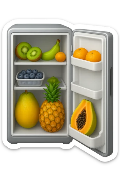 emoji stile iphone di un frigo aperto con dentro ben visibili questi alimenti: Kiwi
Banana acerba
Arance e mandarini
Mirtilli
Ananas
Papaya
IPERREALISTICO 4K sticker