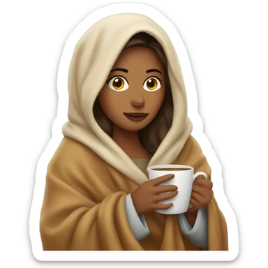 Woman snuggled in a blanket with a coffee sticker