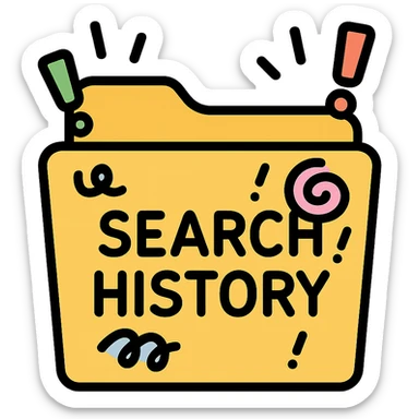 cartoon icon of a file folder labeled 'search history' with comical doodles and exclamation marks sticker