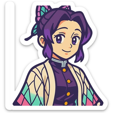Shinobu Kocho from Demon Slayer, vibrant anime style, butterfly hairpin, purple-tinted hair, gentle smile sticker