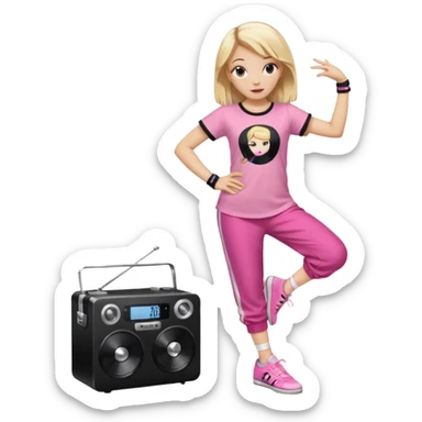 Hiphop dancer, with cute big pants, sneakers, and t-shirt. White girl blond. Coloufull shirt. No pocket pants. Dancing. Pink and black plain outfit. No sweatbands on the wrist, black music box behind her. Ballerina pose sticker