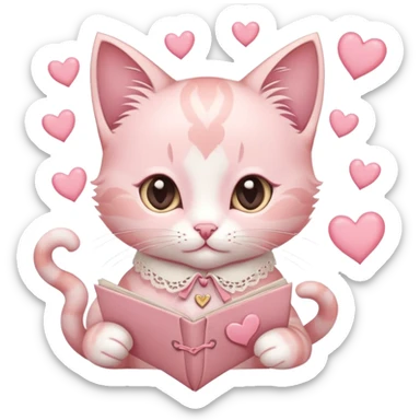 A pastel pink kitten with heart-shaped markings, a lace ribbon collar, holding a vintage love letter, surrounded by floating hearts. sticker