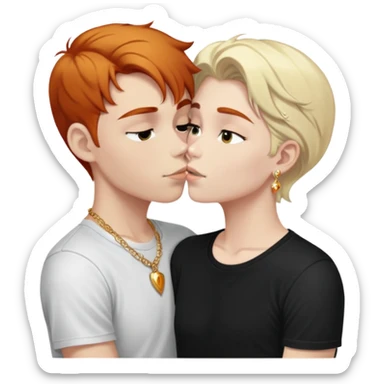 young 20 year old redhead girl with dark blonde eyebrows wearing gold jewelry and light clothes kissing a young 20 year old white-haired boy wearing dark t-shirt sticker
