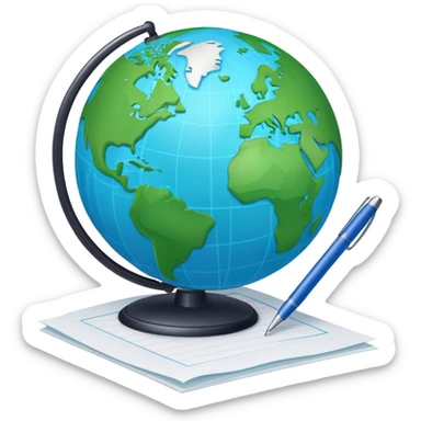 Create an emoji representing language translation. The design should feature a single globe in the background, symbolizing international communication. In front of the globe, place two books or sheets of paper, with a pen nearby to indicate the act of writing. Use a clean and professional color palette with blues, greens, and neutral tones. Do not include any emojis or smiley faces. Make the background transparent sticker