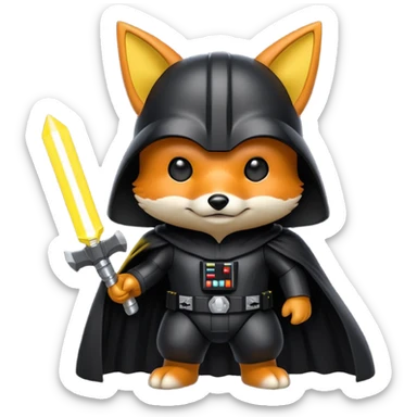 A fox wearing a darth vader Costume with pikachu sticker