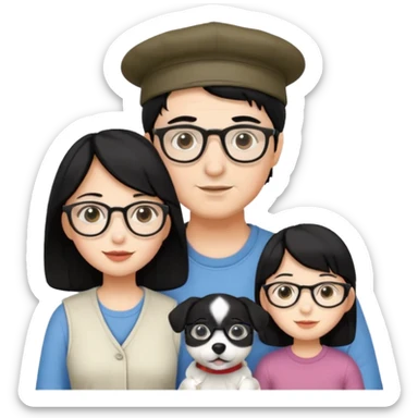 Mom black hair with glasses, Dad black hair with cap, Daughter black hair with glasses, white Dog sticker
