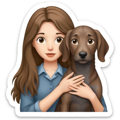 A long-haired girl holding a gray Plott hound sticker