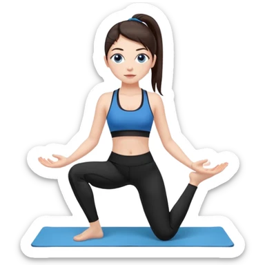 Девушка со светлой кожей и румянцем. Глаза большие, выразительные, голубые. Волосы длинные, прямые, тёмно-каштановые. собраны в хвост. На ней чёрные леггинсы и чёрный спортивный бюстгальтер.  in Tadasana yoga sticker