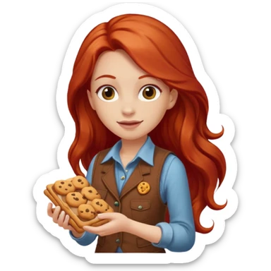 white girl scout with red long hair selling cookies with a brown vest sticker