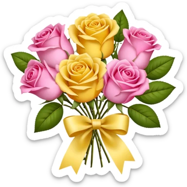 A bouquet of flowers, composed of pink and yellow roses, four blooms in total, tied with ribbon. sticker
