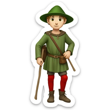 13th century European pilgrim boy with staff, red stockings, short green tunic and green hat and leather shoulder bag sticker