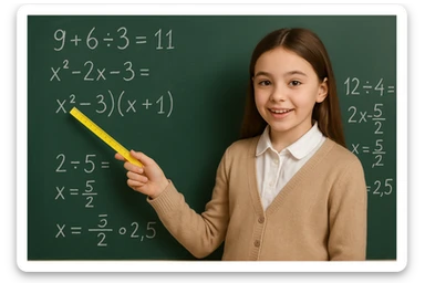 Edit the image to place the girl behind a green chalkboard filled with math equations. She is wearing a beige cardigan over a white collared shirt and is holding a yellow straight ruler, using it to point at the chalkboard. The chalkboard is behind her, and she is in a teaching pose. Maintain a natural and clear composition with the girl in front and the chalkboard visible behind her. sticker