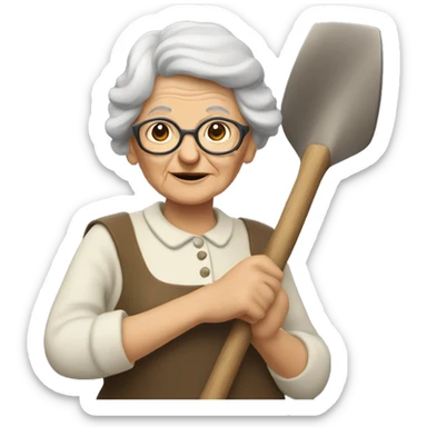 an old woman, looking like a lovely grandma, with a shovel in her hand sticker